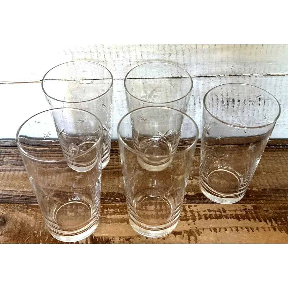 Set of 5 Vintage Quartzex Star Dust Atomic Crystal Flat Tumblers MCM Barware 5